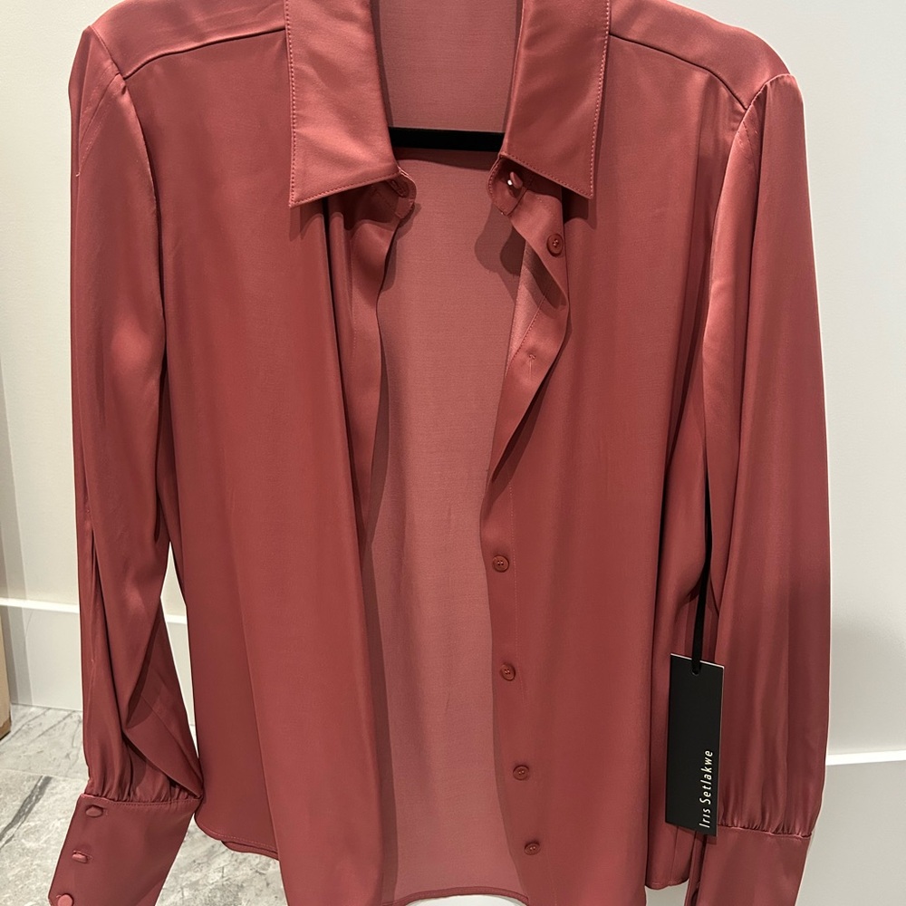 Iris Setlakwe Rosewood Satin Blouse with keyhole sleeve detail